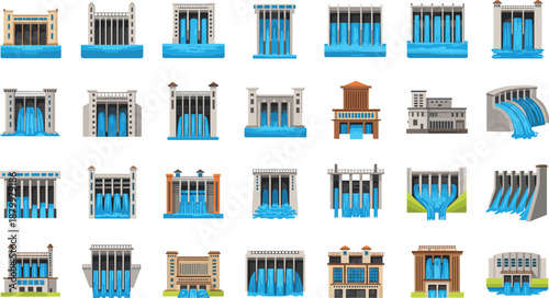 Collection of Hydroelectric Dam Icons Featuring Various Architectural Designs Water Spills and Power Plant Buildings in Flat Vector Illustration Set for Energy.