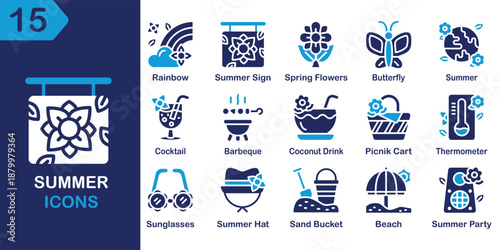 Summer solid icons collection. Containing summer, vacation, holiday, travel, beach, sunshine, sun and more. Solid vector icons collection. Vector Illustration.