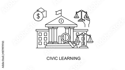 Civic learning and government complex icon depicting a public courthouse building with scales of justice, finance symbols, and a magnifying glass for transparency.