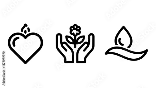 Compassion and environmental care icon set featuring a flaming heart, hands protecting a flower, and a stylized water drop on a leaf for sustainability themes.