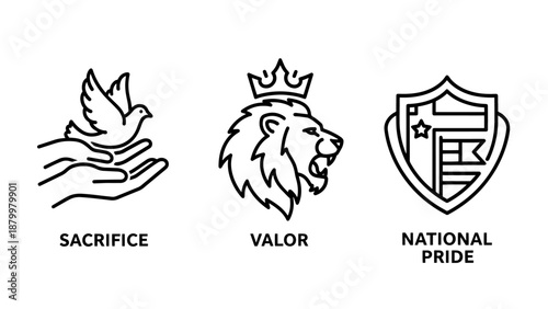 National Patriotic Values Icon Set with Peace Dove Lion Valor and Shield of National Pride