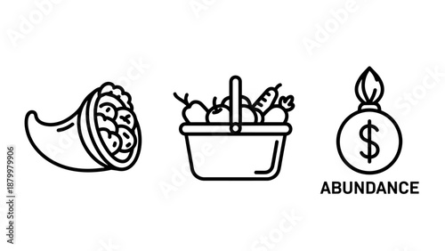 Thanksgiving Harvest Abundance Symbols with Cornucopia Basket of Fruit and Financial Prosperity Icon