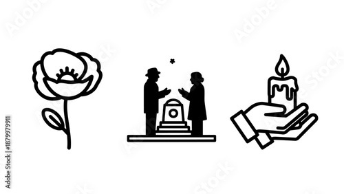 Memorial Remembrance Scene Icons Featuring Poppy Flower Mourning Couple and Hand with Memorial Candle