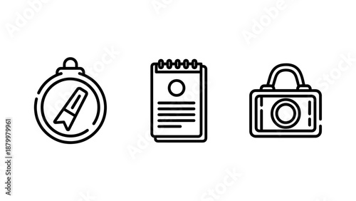 Adventure Travel Line Icons Featuring Compass Navigation Notepad and Photography Camera Equipment