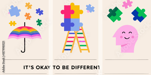 Colorful puzzle pieces umbrella ladder and a head promote acceptance and diversity