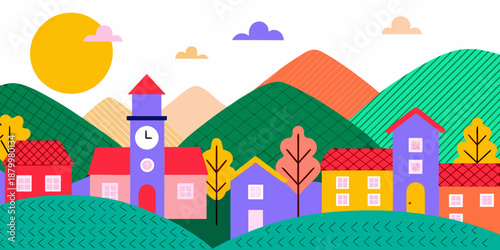 A cheerful illustration of a colorful village nestled amongst rolling green hills