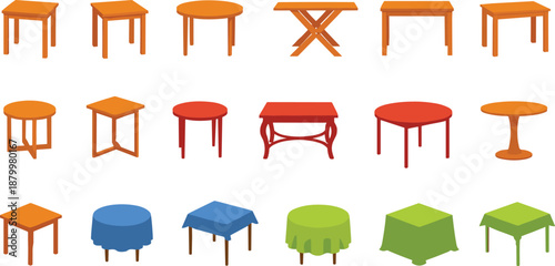 Collection of Various Wooden Table Icons Featuring Round Square and Rectangular Designs With Colorful Tablecloths in Minimalist Flat Vector Illustration Set for Interior.