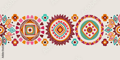 A vibrant seamless pattern featuring colorful geometric shapes and floral motifs