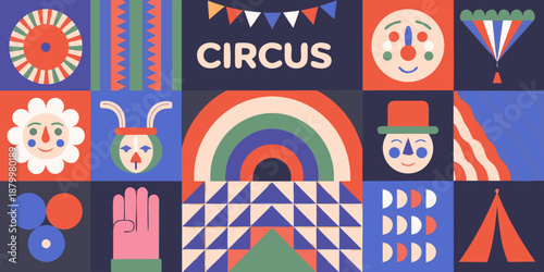 a colorful collage of circus themed illustrations and patterns