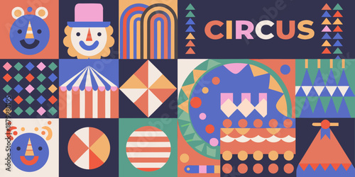 a colorful collage of various circus themed shapes and patterns