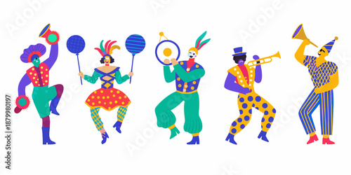 a colorful illustration of five people playing musical instruments and dancing