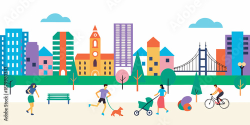 A vibrant cityscape with people enjoying a park in the foreground