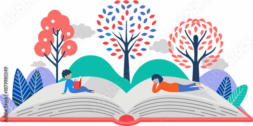 People reading and relaxing on an open book with colorful trees