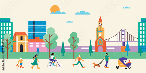 A vibrant city scene with people enjoying a sunny day outdoors