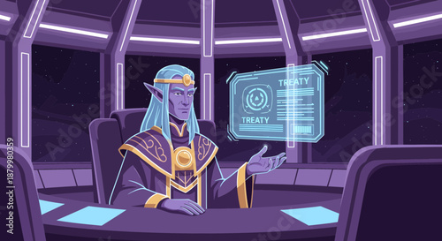 Alien Elf in Futuristic Room Reviewing Digital Treaty Document