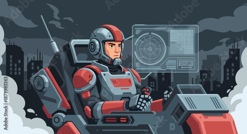 Robot Pilot Operating Futuristic Cockpit Controls