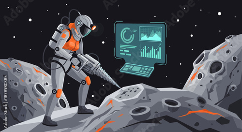 Astronaut Drilling on a Space Rock with Digital Display