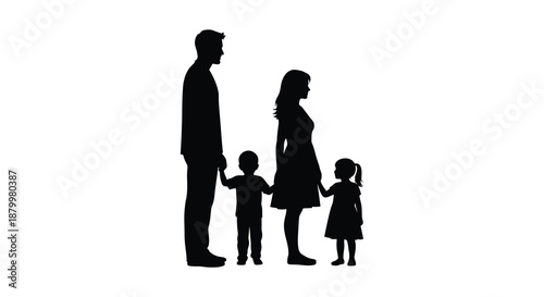A striking black silhouette depicts a family of four including a mother father son and daughter standing together silhouette high quality
