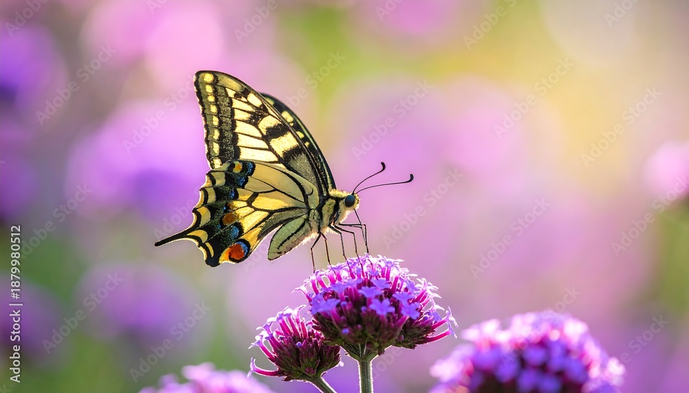 Fototapeta premium A beautiful butterfly with yellow and black wings rests on a vibrant purple flower in soft focus.