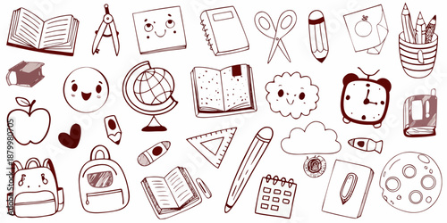 A collection of hand drawn school supplies and cute stationery items