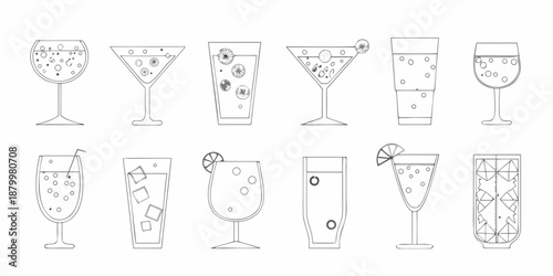 Collection of outlined cocktail glasses with various shapes and garnishes