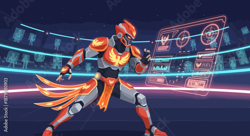 Robot in a futuristic digital environment with neon lights