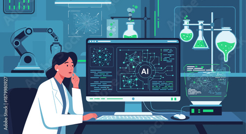 Female scientist working on computer with AI technology