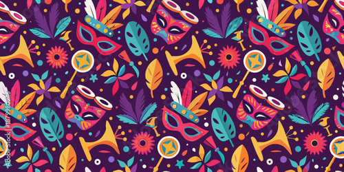 Vibrant masquerade background with colorful masks and festive elements