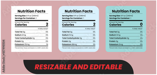 Nutrition facts labels editable templates for food packaging with serving size calories and daily value information