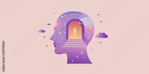 A silhouette of a head with an open doorway inside representing the mind