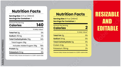 Nutrition facts labels with detailed information for healthy eating and dietary management
