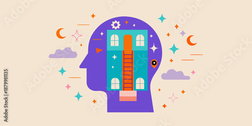 A colorful illustration of a house inside a human head silhouette
