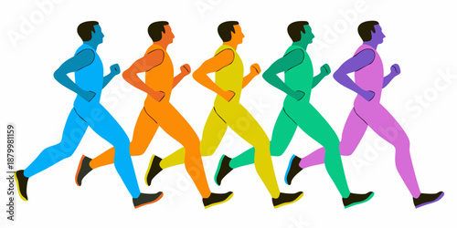 a group of people running in different colorful athletic outfits