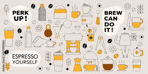 coffee and espresso related objects and phrases illustration