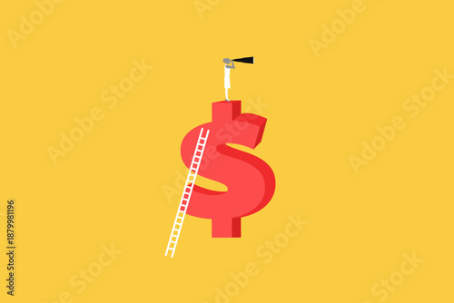 Business woman with binocular standing on dollar sign to see future prediction. Vision for global financial or economy, business opportunity or investment forecast