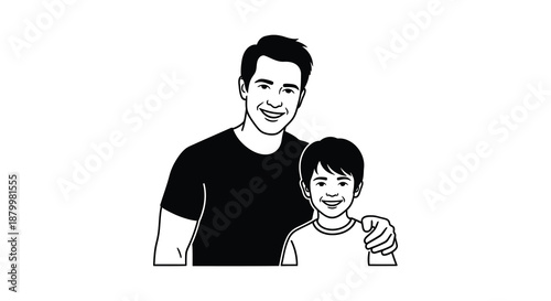 A heartwarming black and white illustration depicts a father and son embracing showcasing a tender moment and family bond silhouette