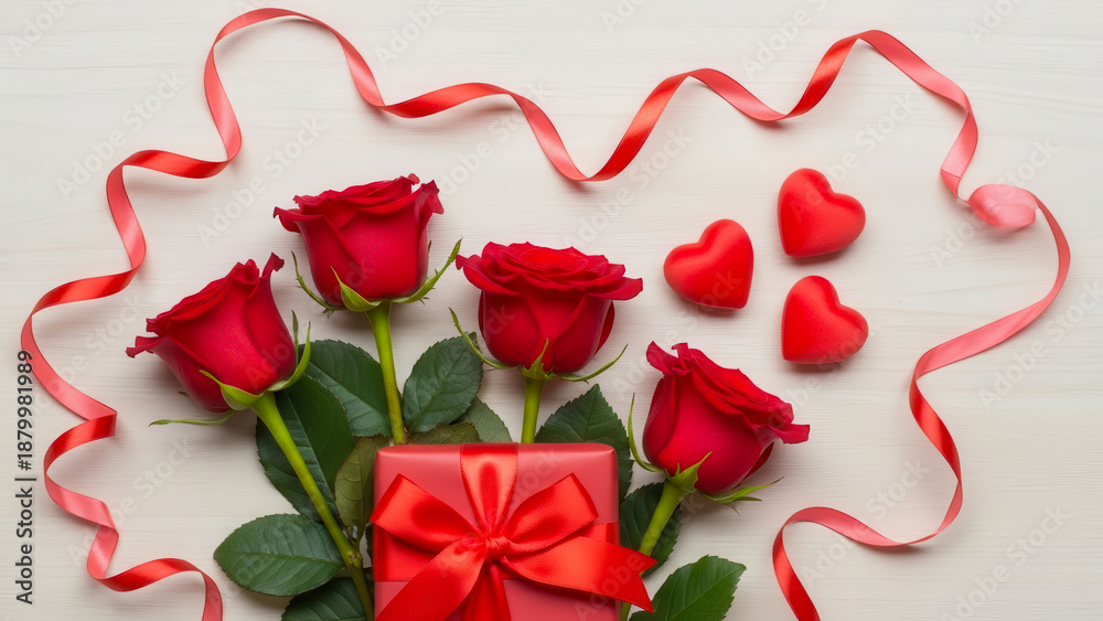 Fototapeta premium Romantic arrangement of red roses, a gift box, and hearts for a loving celebration