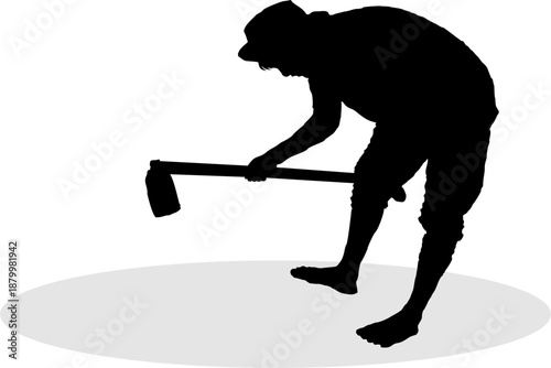 vector image of a silhouette of a male farmer hoeing on a white background