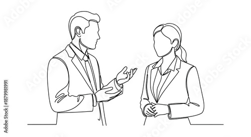 A continuous line drawing depicts a man and woman in conversation showcasing a modern minimalist art style silhouette high quality professional