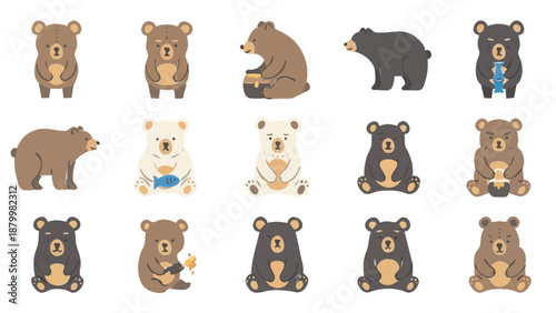 Collection of Cute Cartoon Bears in Various Poses and Colors.
