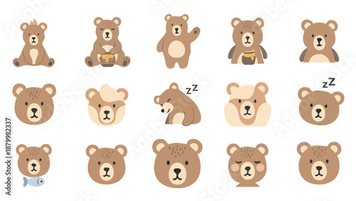 Collection of cute cartoon bears in various poses and expressions.