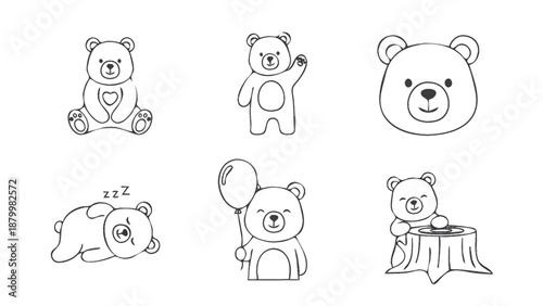 Collection of cute hand-drawn teddy bear illustrations in various poses.