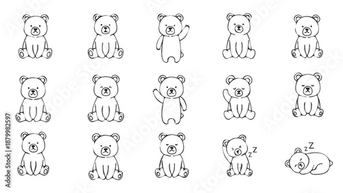 Collection of cute teddy bear illustrations in various poses and expressions.