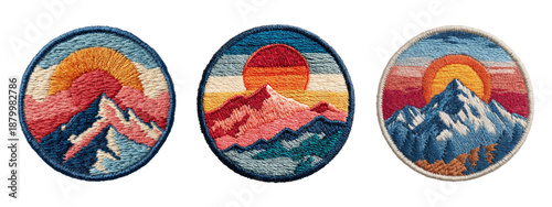 Colorful Embroidered Patches with Mountain and Sunset Designs