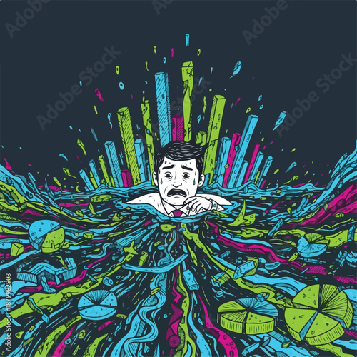 Businessman drowning in data and charts, symbolizing stress and information overload in modern business