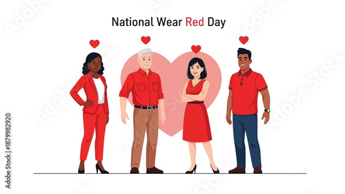 Illustration of diverse people wearing red for National Wear Red Day with a heart symbol on a white background, conveying love and America.