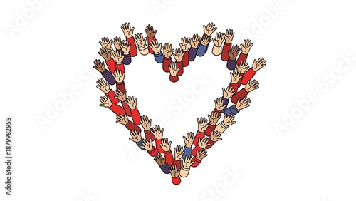 Illustrations of diverse people forming a heart shape with red, white, and blue clothing on National Wear Red Day in America to show love and support.