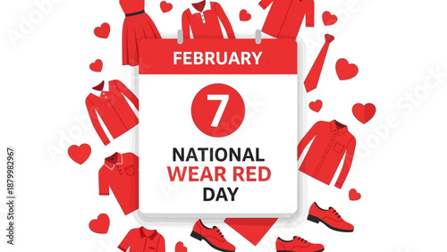 Illustration of a red-themed graphic design featuring various clothing items and hearts around a calendar marking National Wear Red Day on February 7.