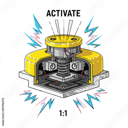 Yellow activate button with spring mechanism, symbolizing startup, innovation, and action