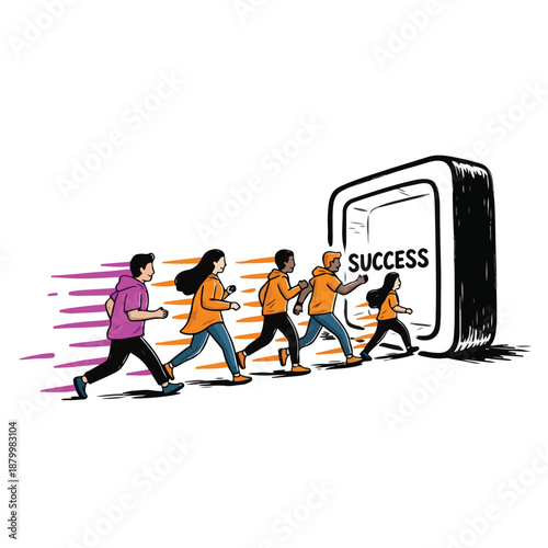 Diverse group of ambitious people in a race, running with determination towards a large button labeled 'SUCCESS', symbolizing career goals and achievement.